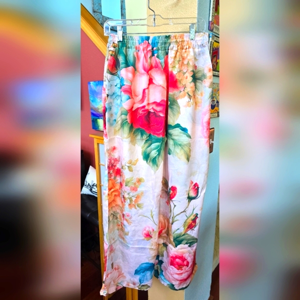 Italian Beautiful Floral Palazzo Pants Size L/10 - Picture 4 of 13